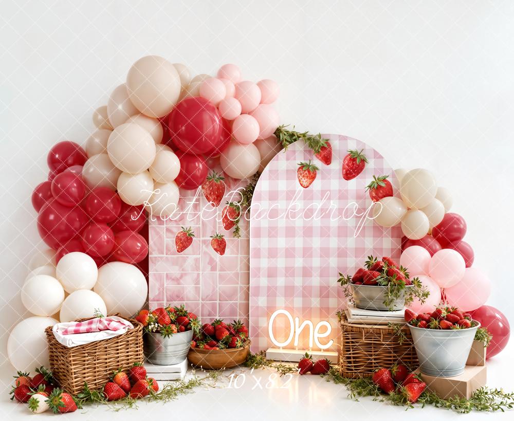 Kate Cake Smash Strawberry Picnic Balloons Pink Gingham Backdrop Designed by Emetselch