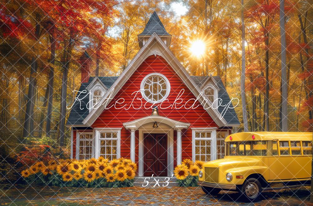 Kate Fall Schoolhouse Sunflower Forest Backdrop Designed by Mini MakeBelieve