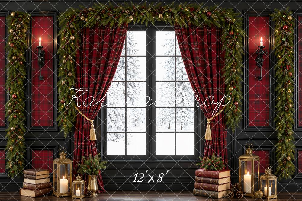 Kate Christmas Red Plaid Curtains Window Books Garland Printed Backdrop Designed by Emetselch