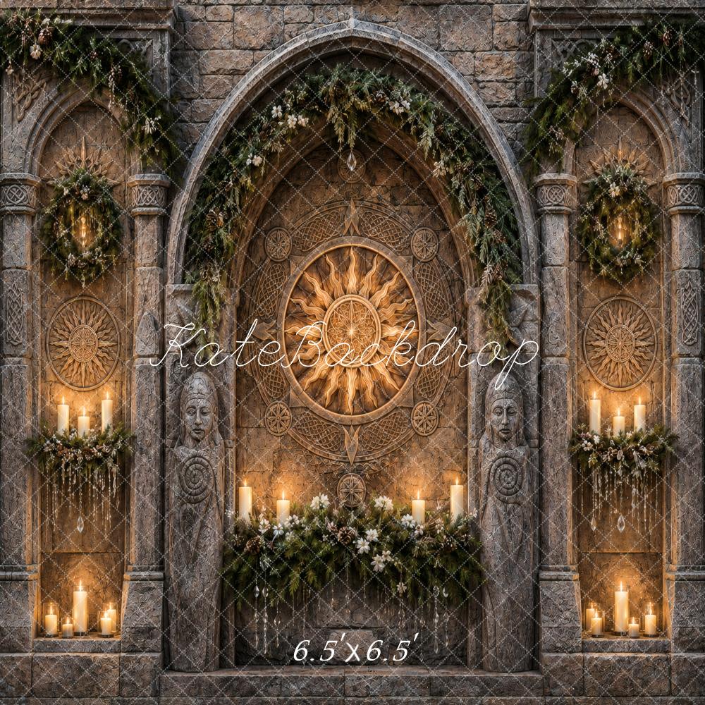Kate Nordic Stone Sanctuary Stone Arch Sun Carving Candles Garland Printed Backdrop Designed by Vertigo Productions