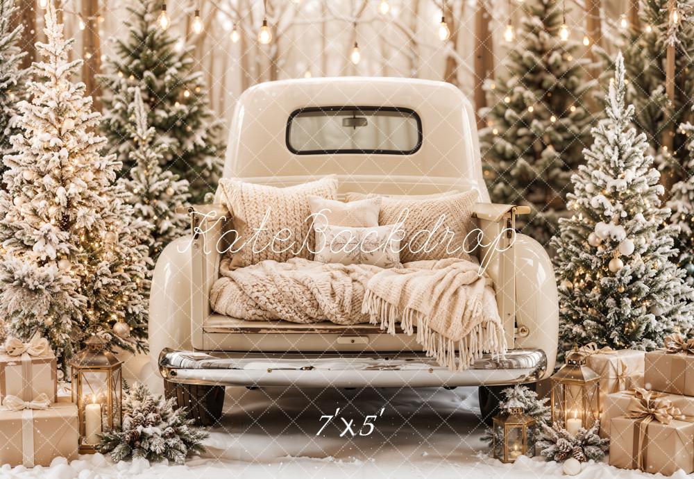 Kate Christmas Cream Vintage Truck Trees Gifts Rustic Printed Backdrop Designed by Emetselch