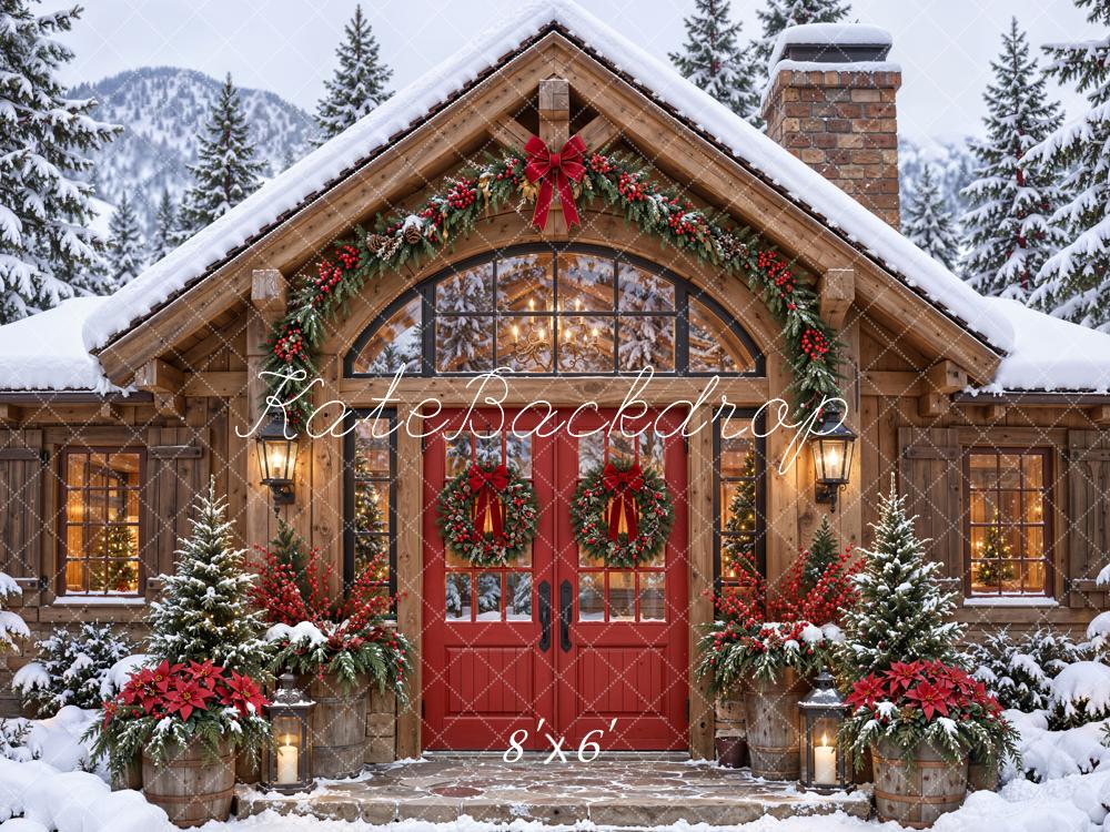 Kate Christmas Snowy Mountain Cabin Wreaths Woodland Printed Backdrop Designed by Emetselch
