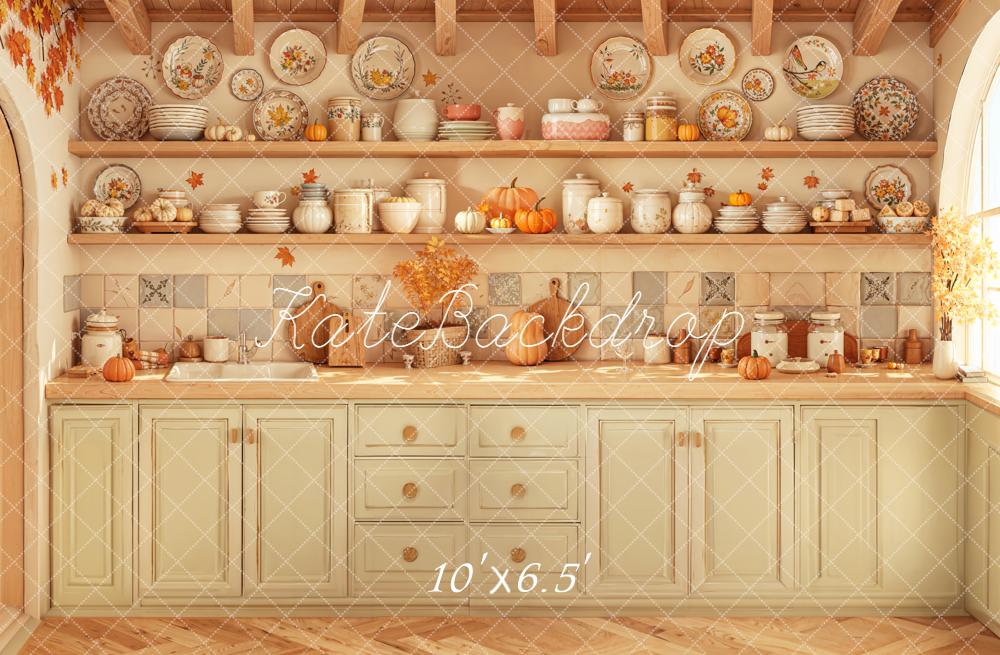 Kate Fall Kitchen Cabinets Pumpkins Shelves Plates Rustic Backdrop Designed by Emetselch
