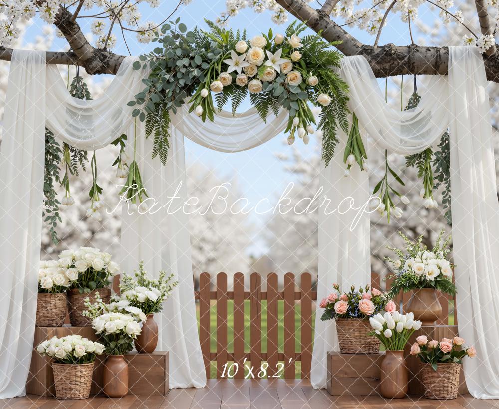 Kate Spring Flower Arch White Drapes Cherry Blossoms Backdrop Designed by Mini MakeBelieve