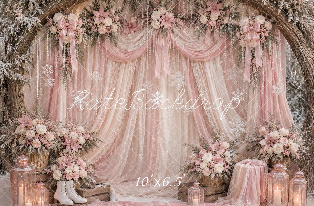 Kate Christmas Winter Pink Lace Drapery Floral Branch Arch Printed Backdrop Designed by Ashley Paul