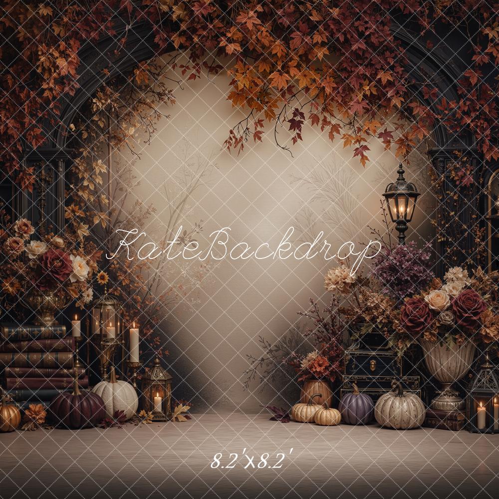Kate Fall Vintage Floral Pumpkin Lantern Arch Books Leaves Printed Backdrop Designed by Jordan Moon
