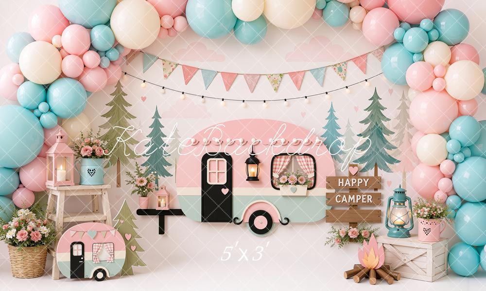 Kate Cake Smash Pastel Camper Party Balloons Campfire Printed Backdrop Designed by Ashley Ward