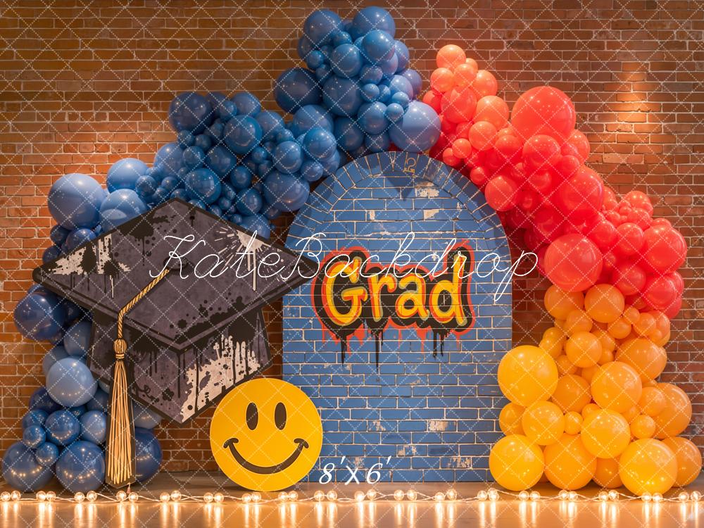 Kate Graduation Cap Blue Brick Wall Rainbow Balloons Printed Backdrop Designed by Emetselch