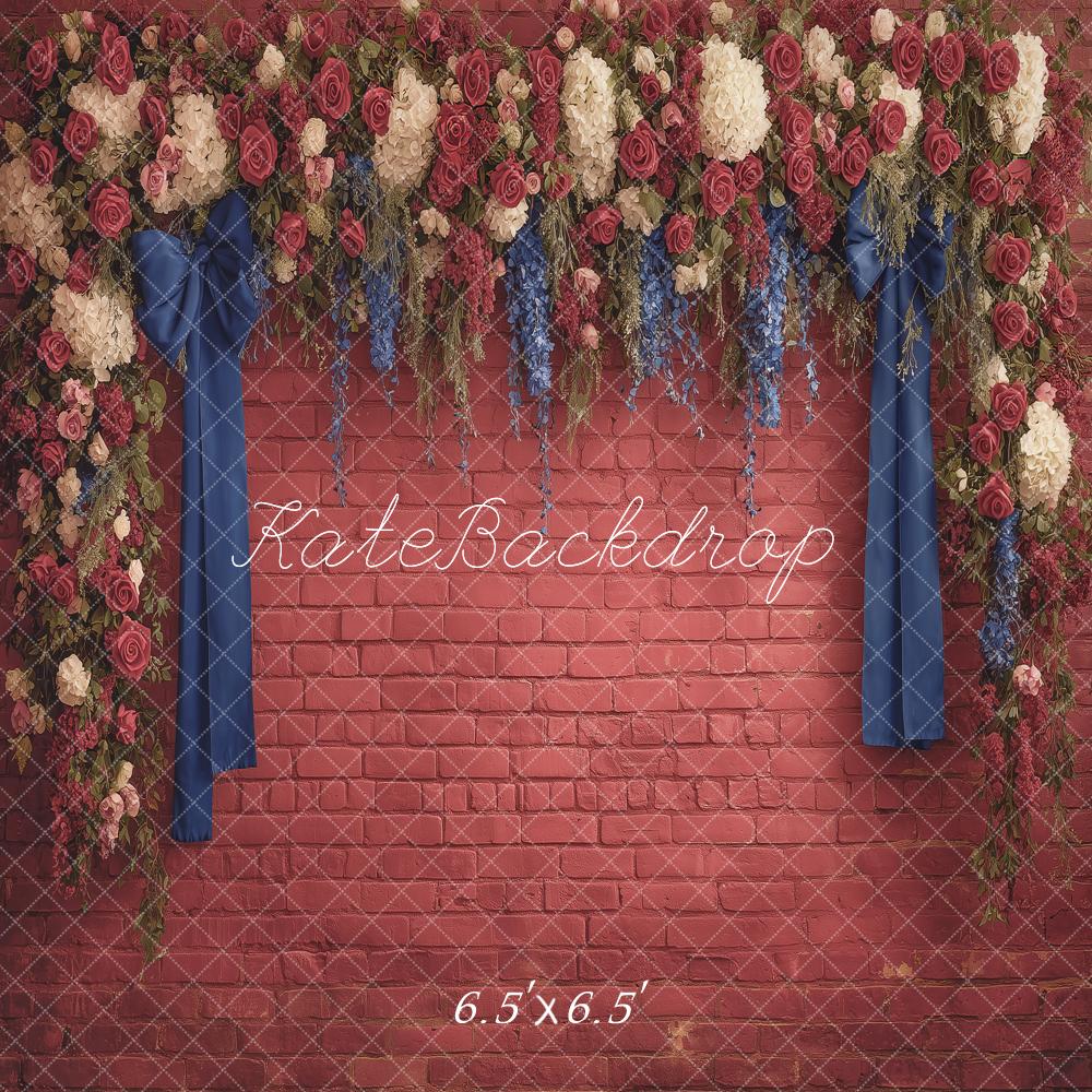 Kate Independence Day Flower Arch Red Brick Blue Ribbon Printed Backdrop Designed by Angela Miller
