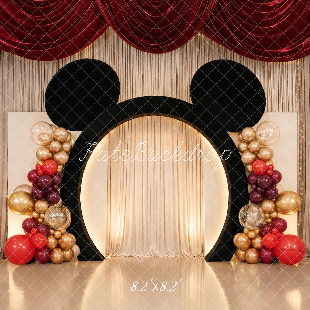 Kate Cake Smash Mouse Ears Balloon Arch Red Gold Drapes Backdrop Designed by Chain Photography