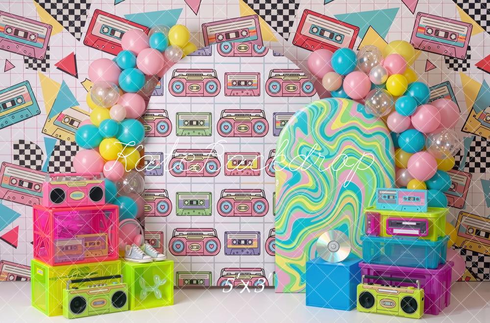 Kate Birthday 90s Retro Cassette Tape Boombox Neon Geometric Graffiti Printed Backdrop Designed by Mini MakeBelieve