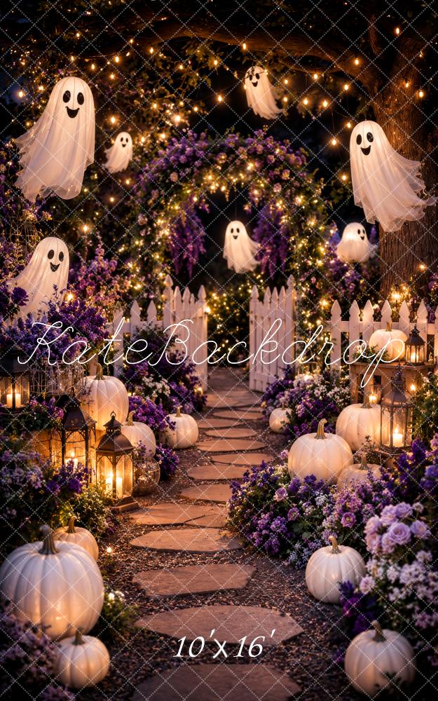 Kate Sweep Halloween Ghost Archway Pumpkins Lanterns Flowers Printed Backdrop Designed by Megan Leigh Photography