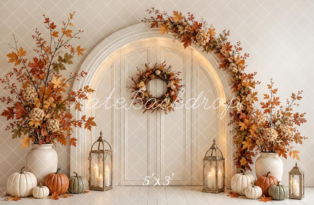Kate Fall Beige Pumpkin Floral Arched Door Printed Backdrop Designed by Emetselch