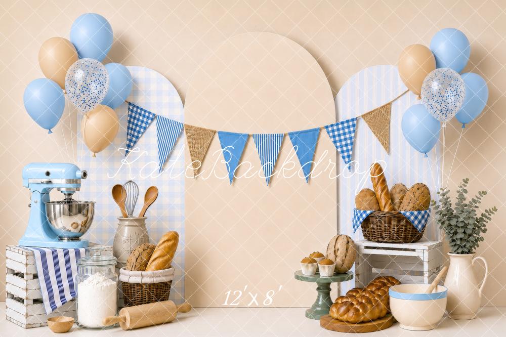Kate Cake Smash Blue Bakery Bread Balloons Mixer Party Printed Backdrop Designed by Shutter Swan Studios