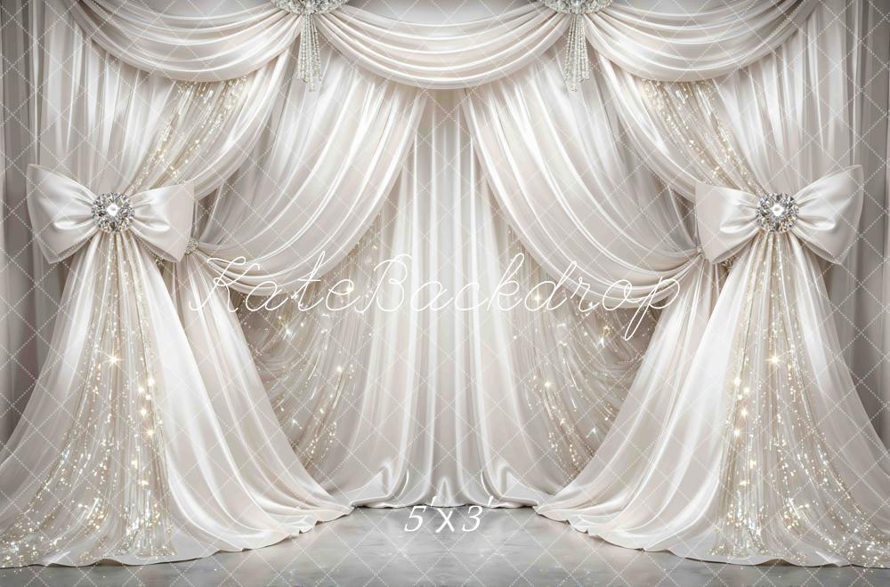 Kate Glamorous White Draped Curtains Bows Sparkle Printed Backdrop Designed by Mini MakeBelieve