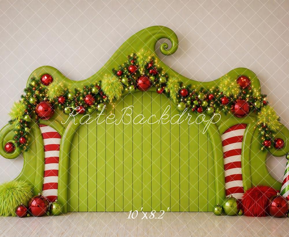 Kate Christmas Headboard Whimsical Green Candy Cane Ornament Garland Arch Printed Backdrop Designed by Caitlin Lynch