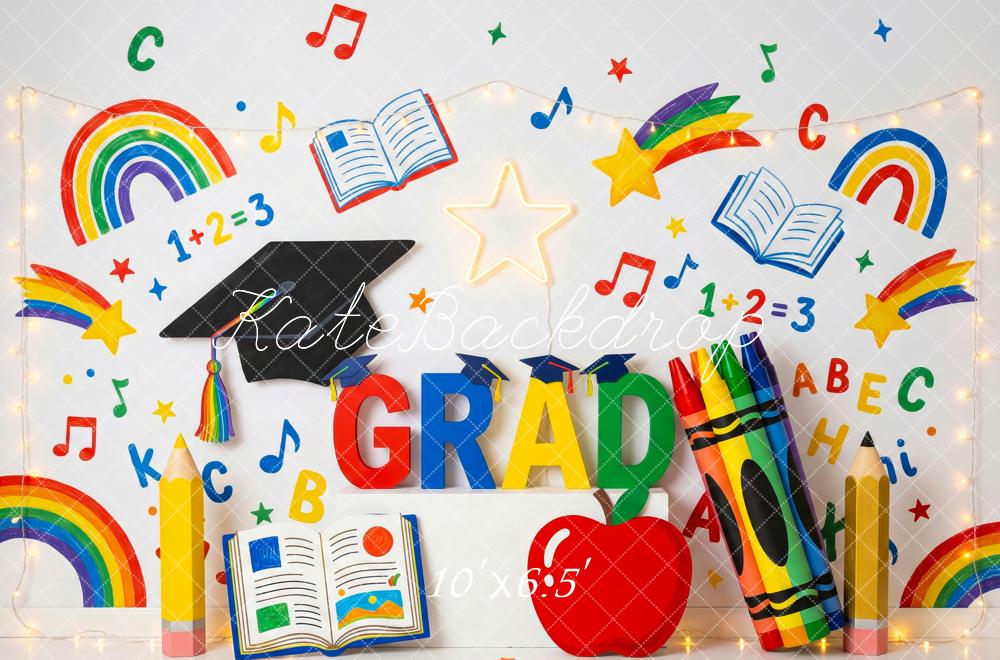 Kate Graduation Rainbow Books Crayons Music Notes Printed Backdrop Designed by Patty Roberts