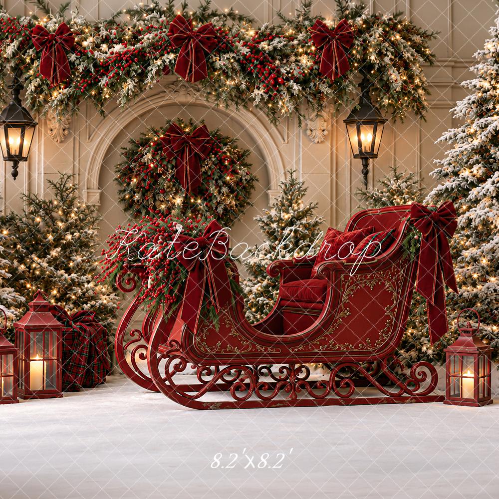 Kate Christmas Red Sleigh Snowy Trees Garland Arch Printed Backdrop Designed by Angela Miller