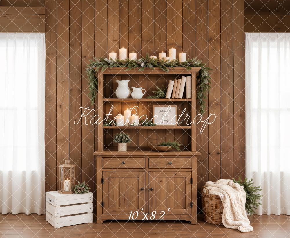 Kate Rustic Wooden Cabinet Candles Garland Crate Basket Printed Backdrop Designed by Emetselch