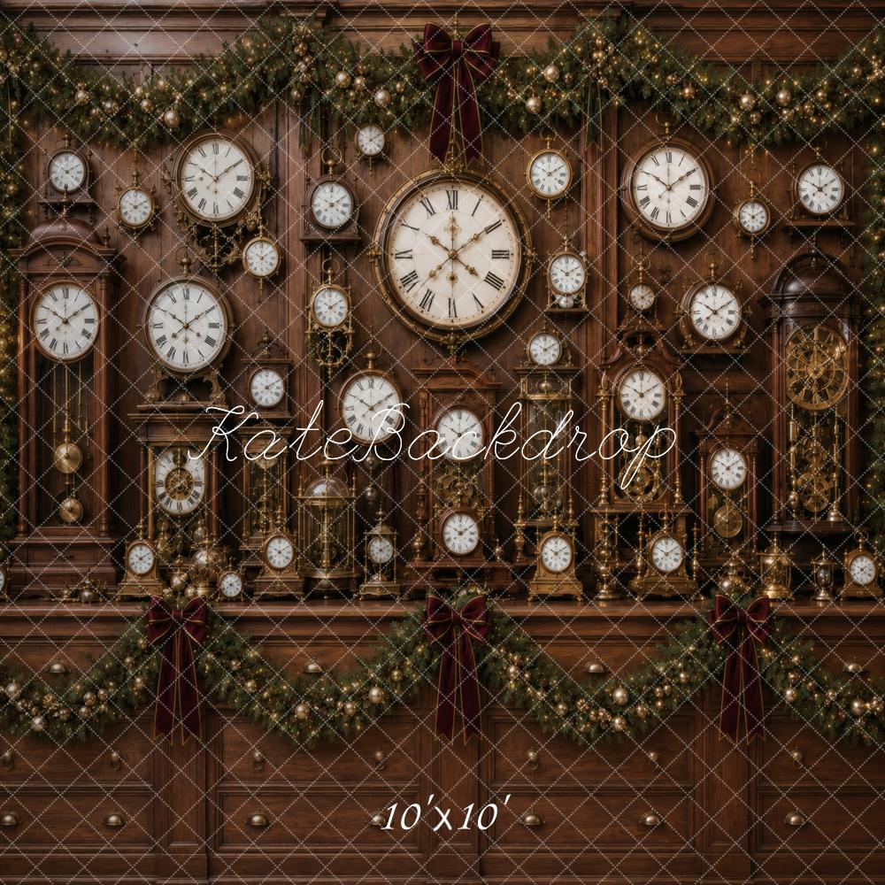 Kate Christmas Vintage Clock Wall Antique Garland Brown Printed Backdrop Designed by Vertigo Productions