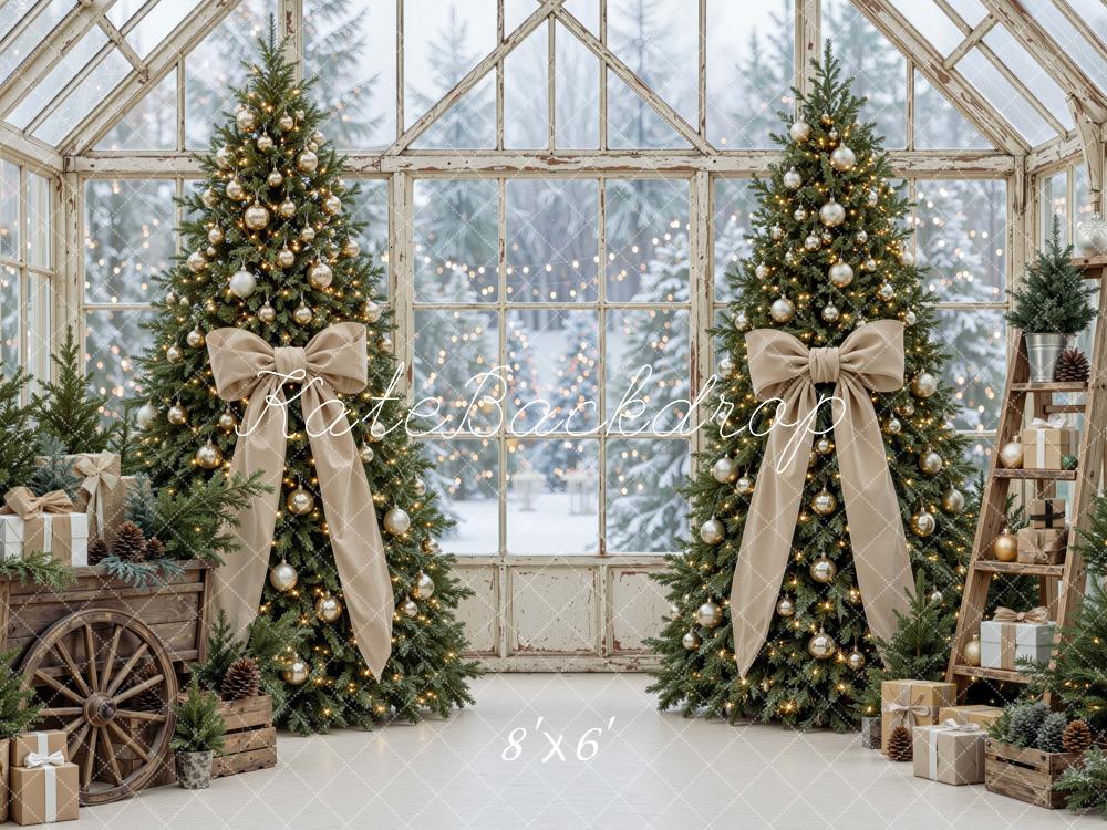 Kate Christmas Greenhouse Trees Bows Gifts Beige Printed Backdrop Designed by Mini MakeBelieve