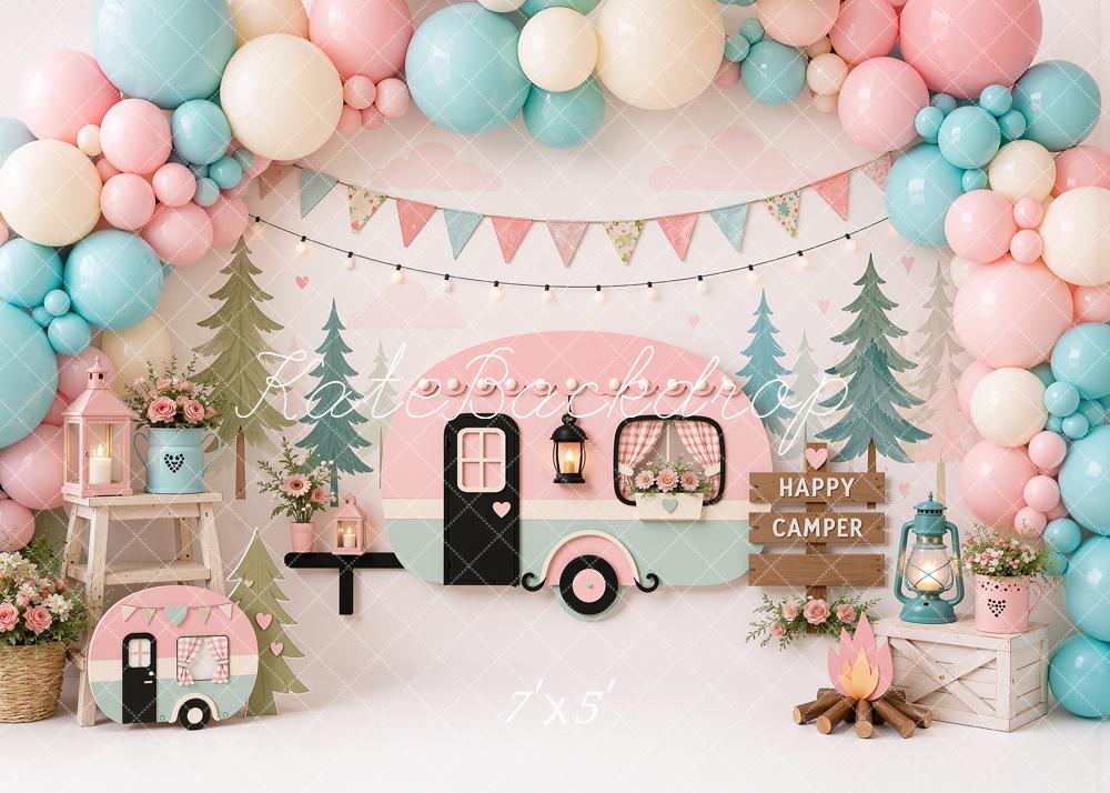 Kate Cake Smash Pastel Camper Party Balloons Campfire Printed Backdrop Designed by Ashley Ward