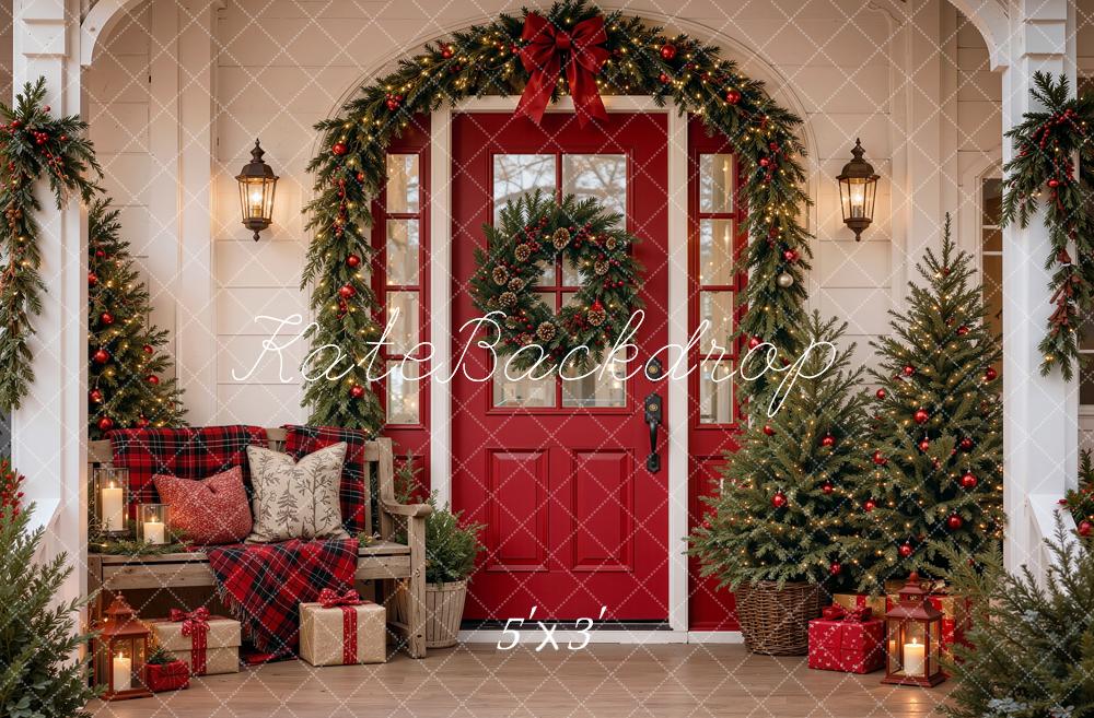 Kate Christmas Red Door Front Porch Garland Trees Gifts Printed Backdrop Designed by Shutter Swan Studios