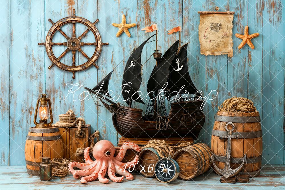 Kate Pirate Ship Treasure Map Barrels Nautical Blue Wood Backdrop Designed by Emetselch