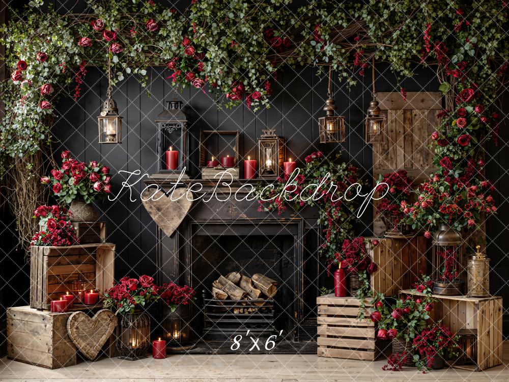 Kate Valentine's Day Fireplace Red Roses Lanterns Wooden Crates Backdrop Designed by Emetselch