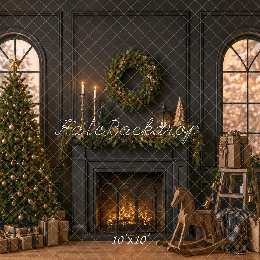 Kate Christmas Fireplace Tree Rocking Horse Wreath Gifts Black Printed Backdrop Designed by Emetselch