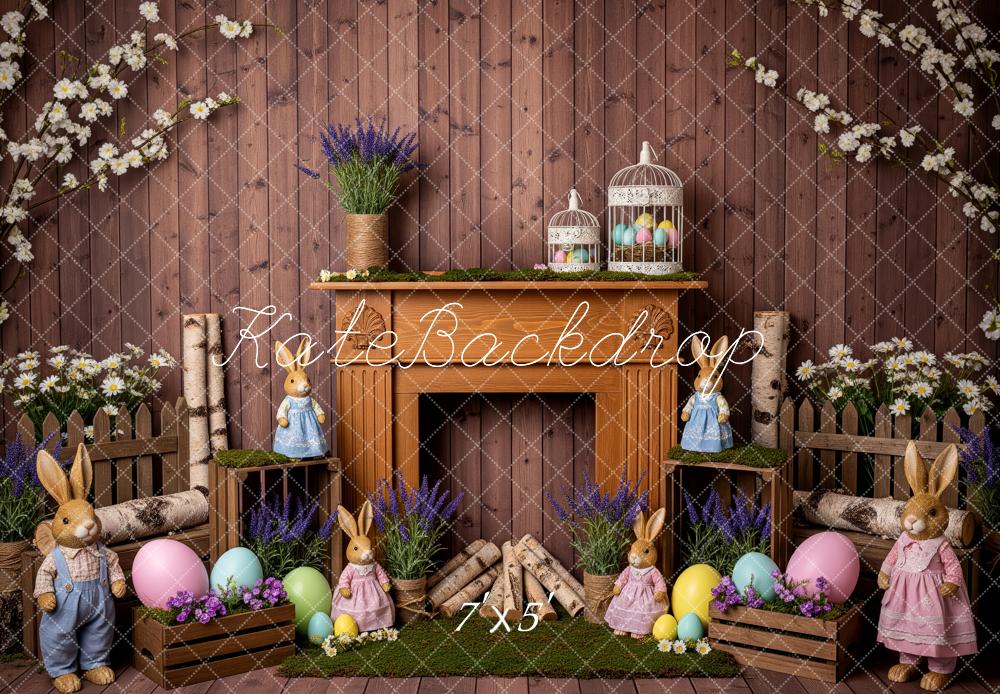 Kate Easter Bunny Fireplace Pastel Eggs Spring Flowers Printed Backdrop Designed by Patty Roberts