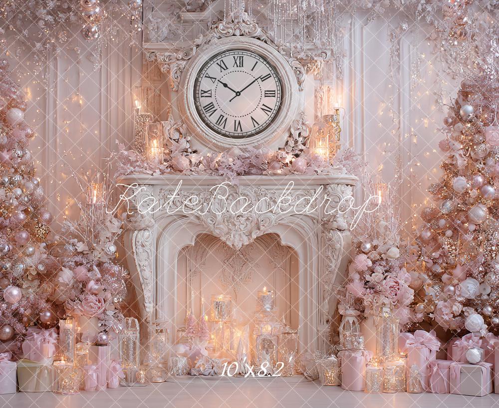 Kate Christmas Fireplace Clock Tree Candles Pink Backdrop Designed by Ashley Paul