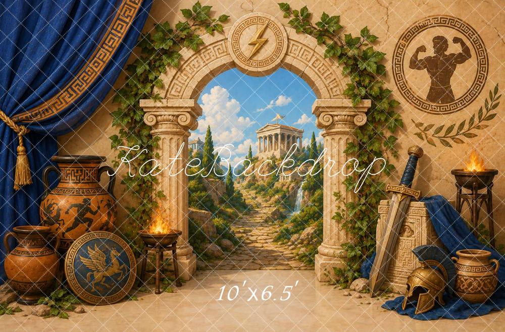 Kate Birthday Ancient Greek Temple Archway Columns Helmet Printed Backdrop Designed by Caitlin Lynch