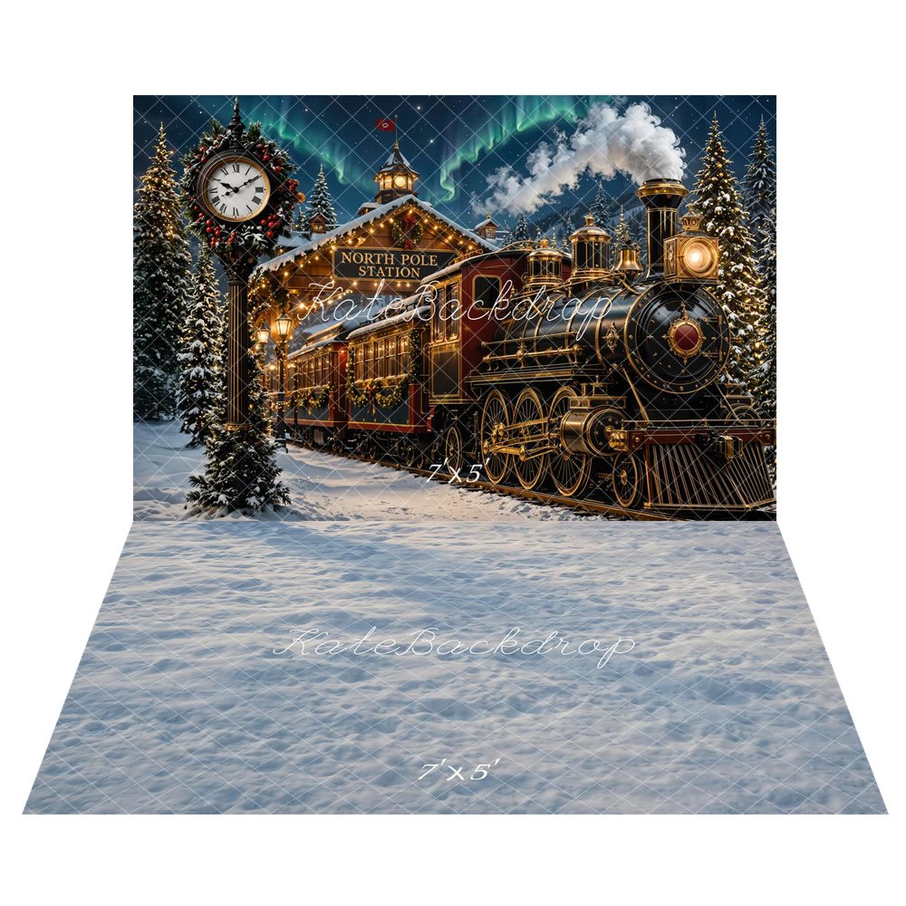 Kate Christmas Polar Train North Pole Station Snowy Trees Printed Backdrop+Snow Frosted Printed Floor Backdrop