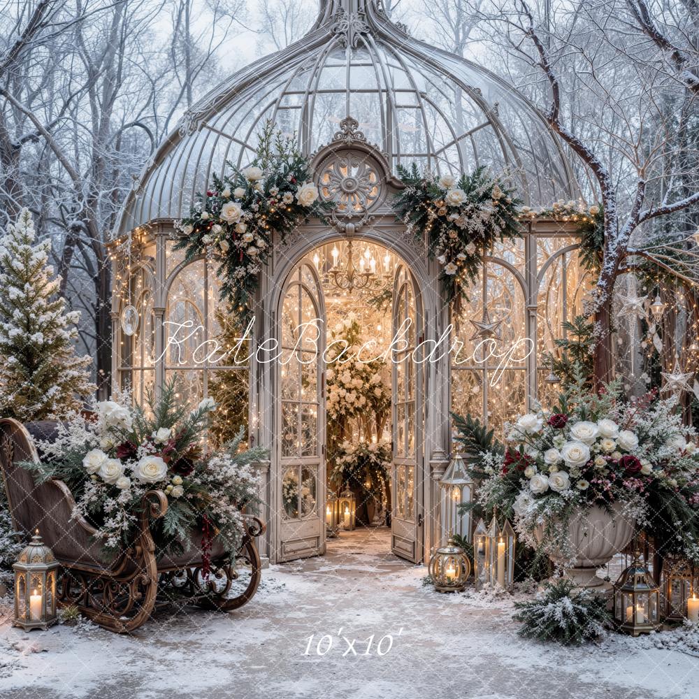 Kate Christmas Snowy Glass Greenhouse Floral Sleigh Printed Backdrop Designed by Jordan Moon