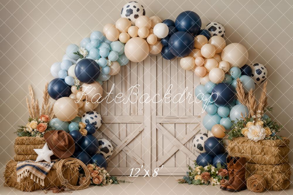 Kate Cake Smash Western Barn Door Balloon Arch Hay Bales Printed Backdrop Designed by Emetselch