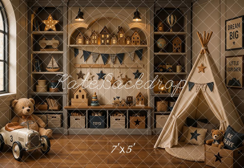 Kate Dreamy Brown Nursery Teepee Toy Room Printed Backdrop Designed by Shutter Swan Studios