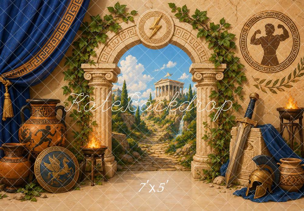 Kate Birthday Ancient Greek Temple Archway Columns Helmet Printed Backdrop Designed by Caitlin Lynch