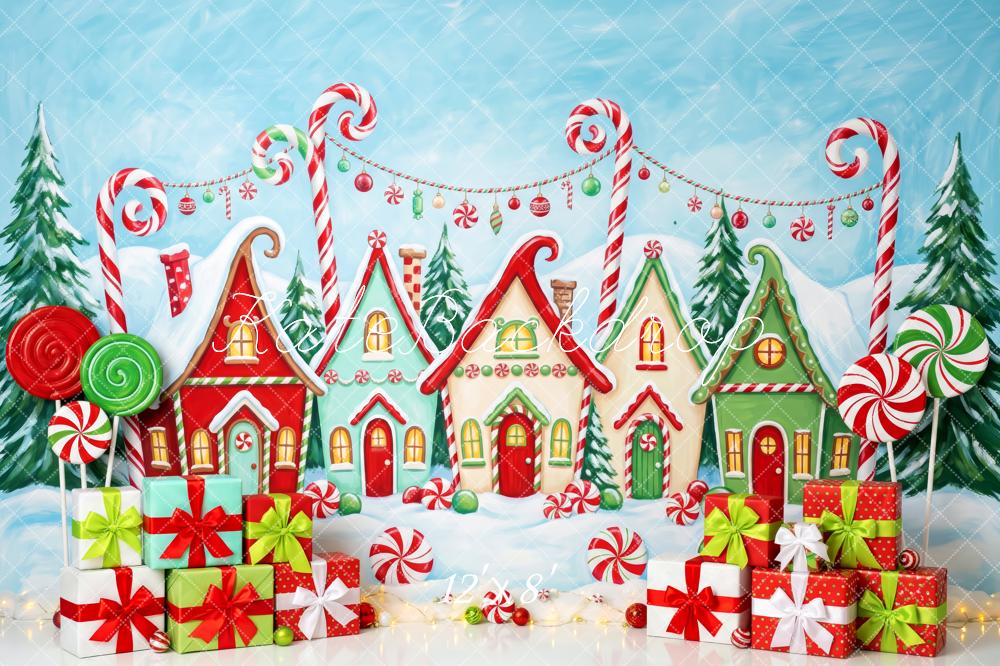 Kate Christmas Whimstical Candy Village Gingerbread Houses Presents Lollipops Printed Backdrop Designed by Patty Roberts
