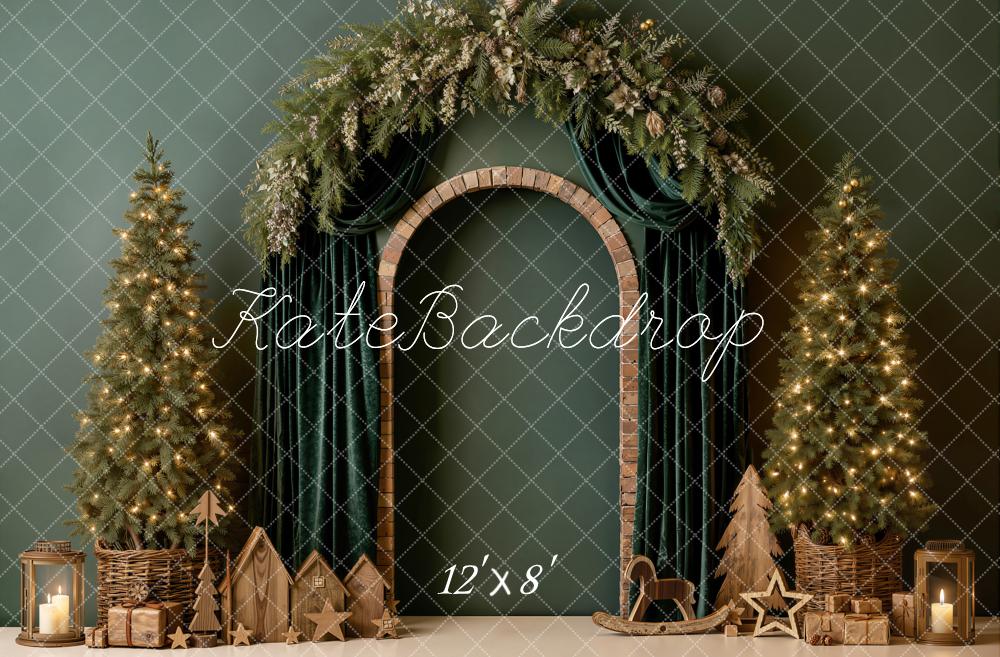 Kate Christmas Trees Green Curtains Arch Gifts Wood Printed Backdrop Designed by Emetselch