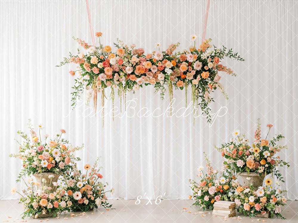 Kate Spring Flower Arch Peach and White Floral Arrangement Printed Backdrop Designed by Patty Roberts