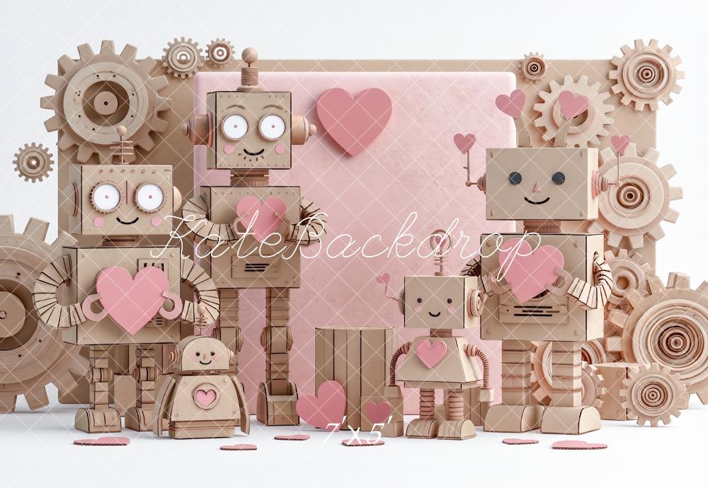 Kate Valentine's Day Wood Robot Pink Hearts Gears Printed Backdrop Designed by Angela Miller