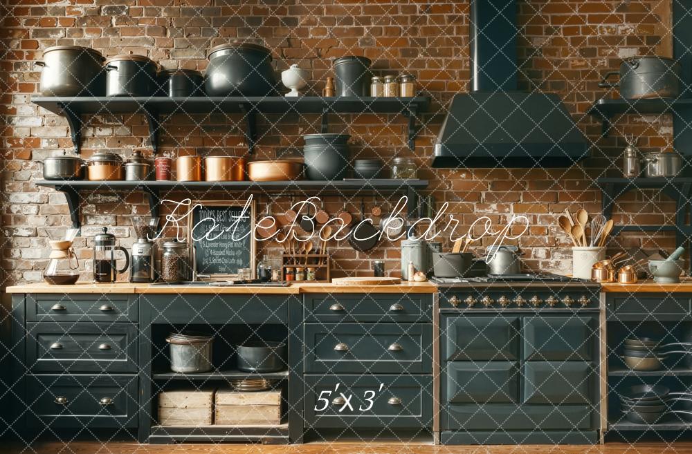 Kate Rustic Kitchen Brick Wall Shelves Cookware Backdrop Designed by Chain Photography