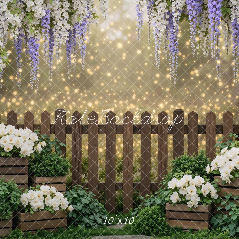 Kate Spring Wooden Fence White Flowers Wisteria Fairy Lights Backdrop Designed by Mini MakeBelieve