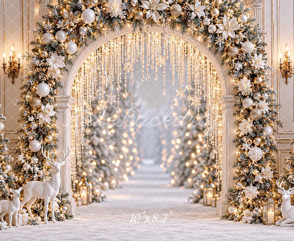Kate Christmas White Gold Floral Archway Deer Snow Printed Backdrop Designed by Angela Miller