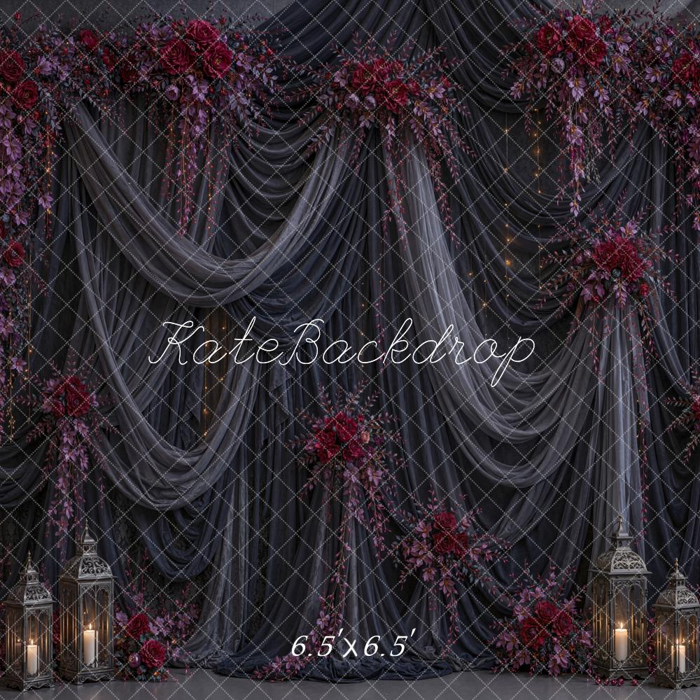 Kate Halloween Dark Drapes Floral Lanterns Printed Backdrop Designed by Chain Photography