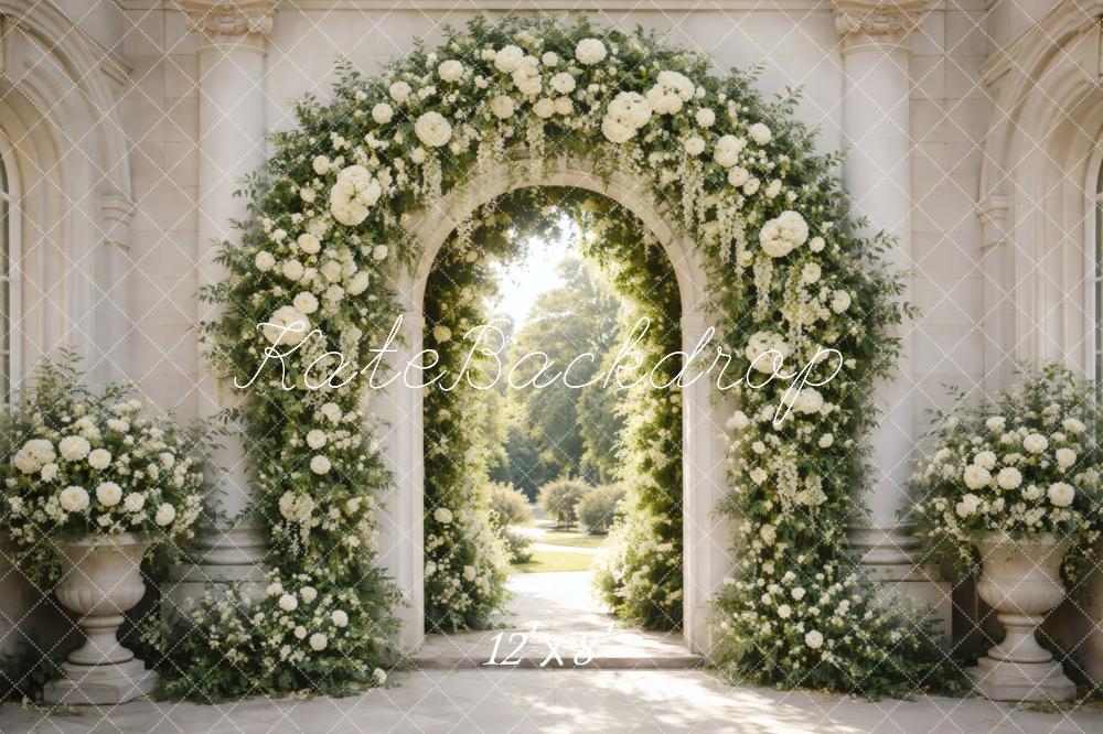 Kate Spring Flower Arch White Floral Columns Printed Backdrop Designed by Vertigo Productions