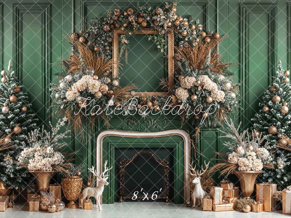 Kate Christmas Fireplace Trees Frame Vintage Green Backdrop Designed by Emetselch