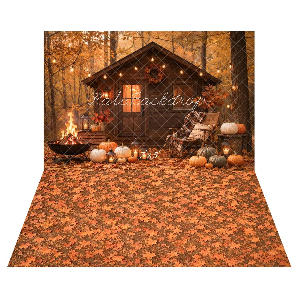 Kate Fall Pumpkin Cabin Fire Pit Lantern String Lights Printed Backdrop+Fall Orange Maple Leaves Floor Backdrop Printed Backdrop