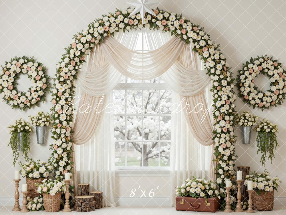 Kate Spring Flower Arch Wreath Window Drapes Printed Backdrop Designed by Mini MakeBelieve